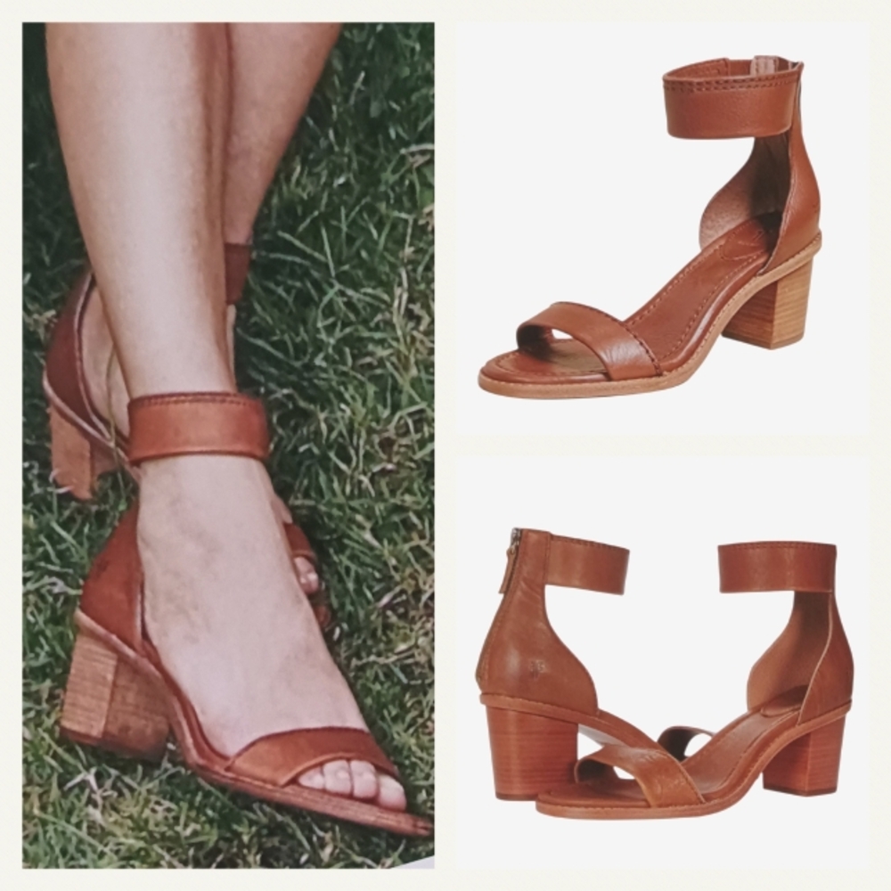 Frye Brown Leather Sandals with Ankle Strap and Block Heel